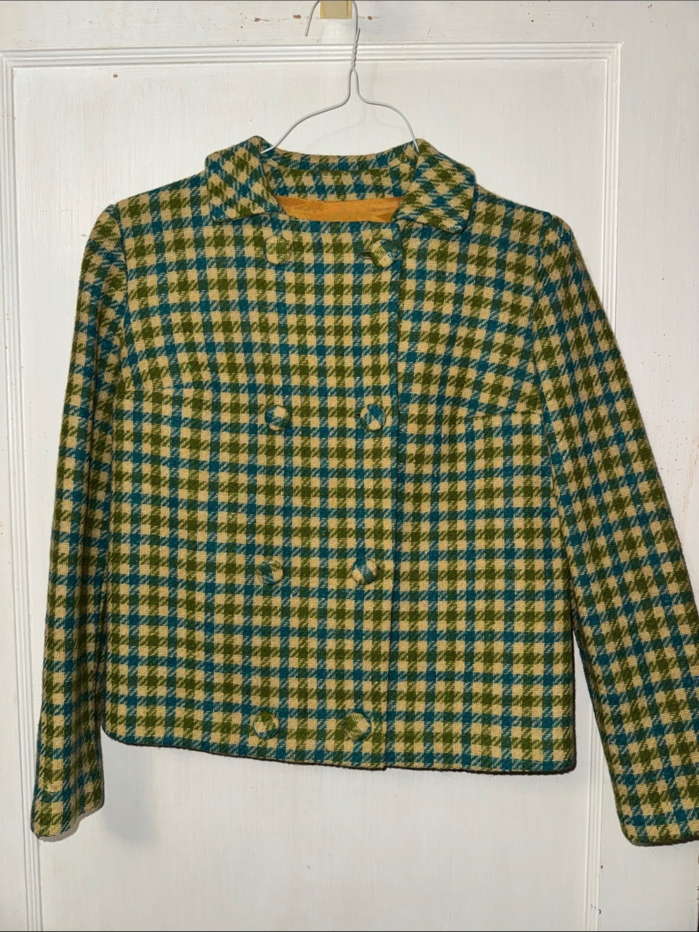 Vintage Women's Green & Cream Checked Boxy Blazer Jacket